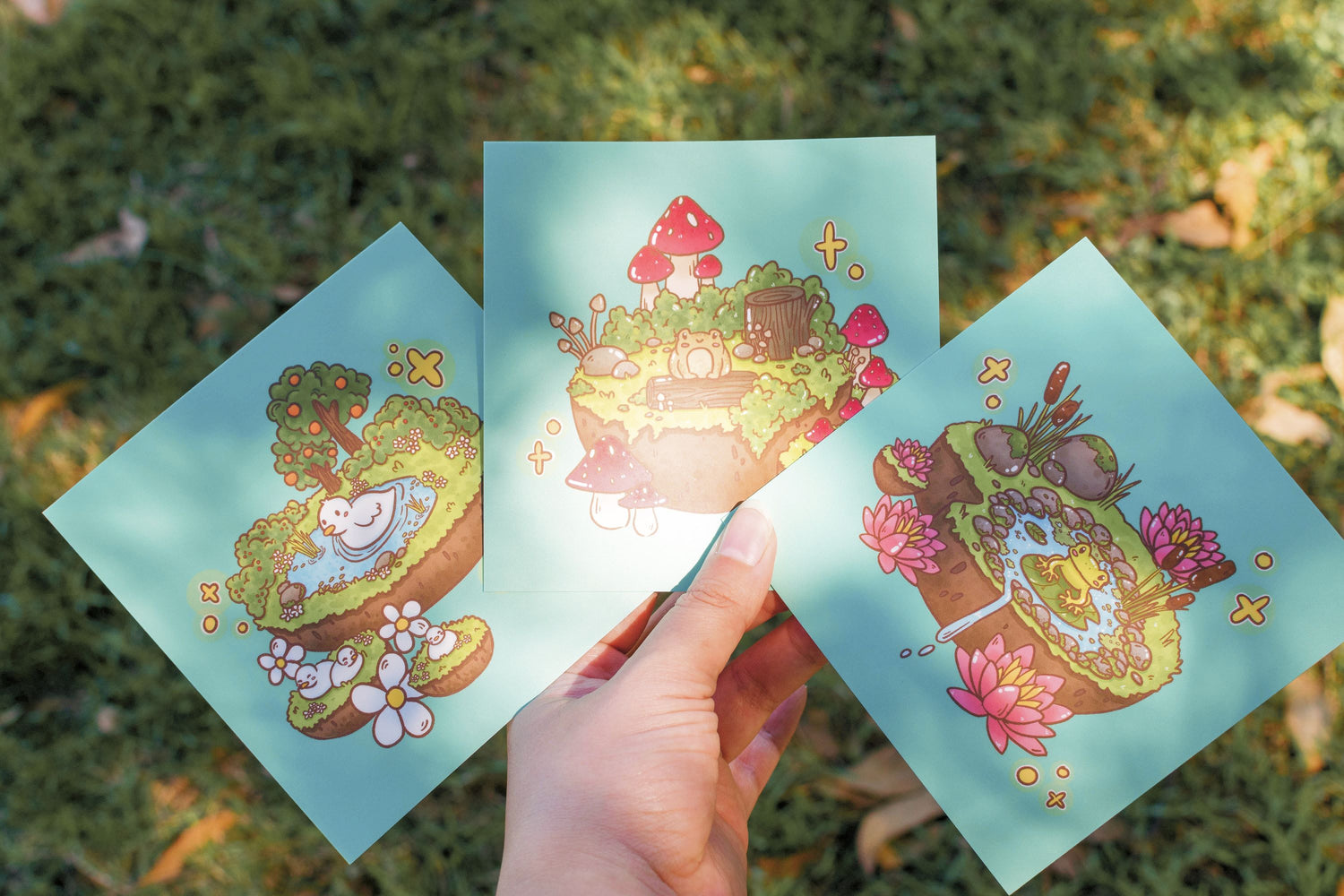 Holding a set of three square art prints of a duck in a pond, a toad on a log, and a frog on a lilypad.