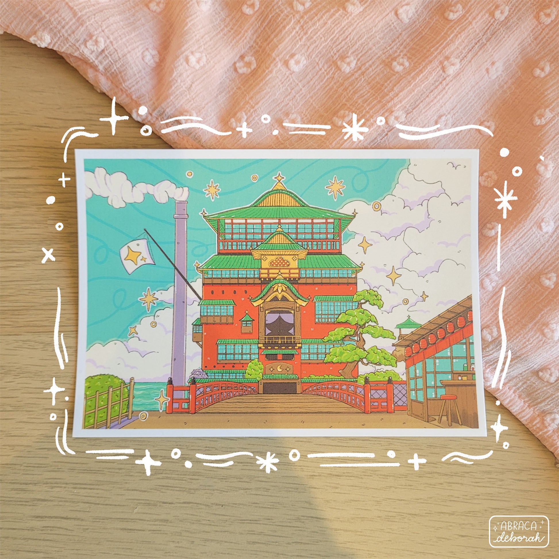 A postcard print featuring a Japanese style bath-house.