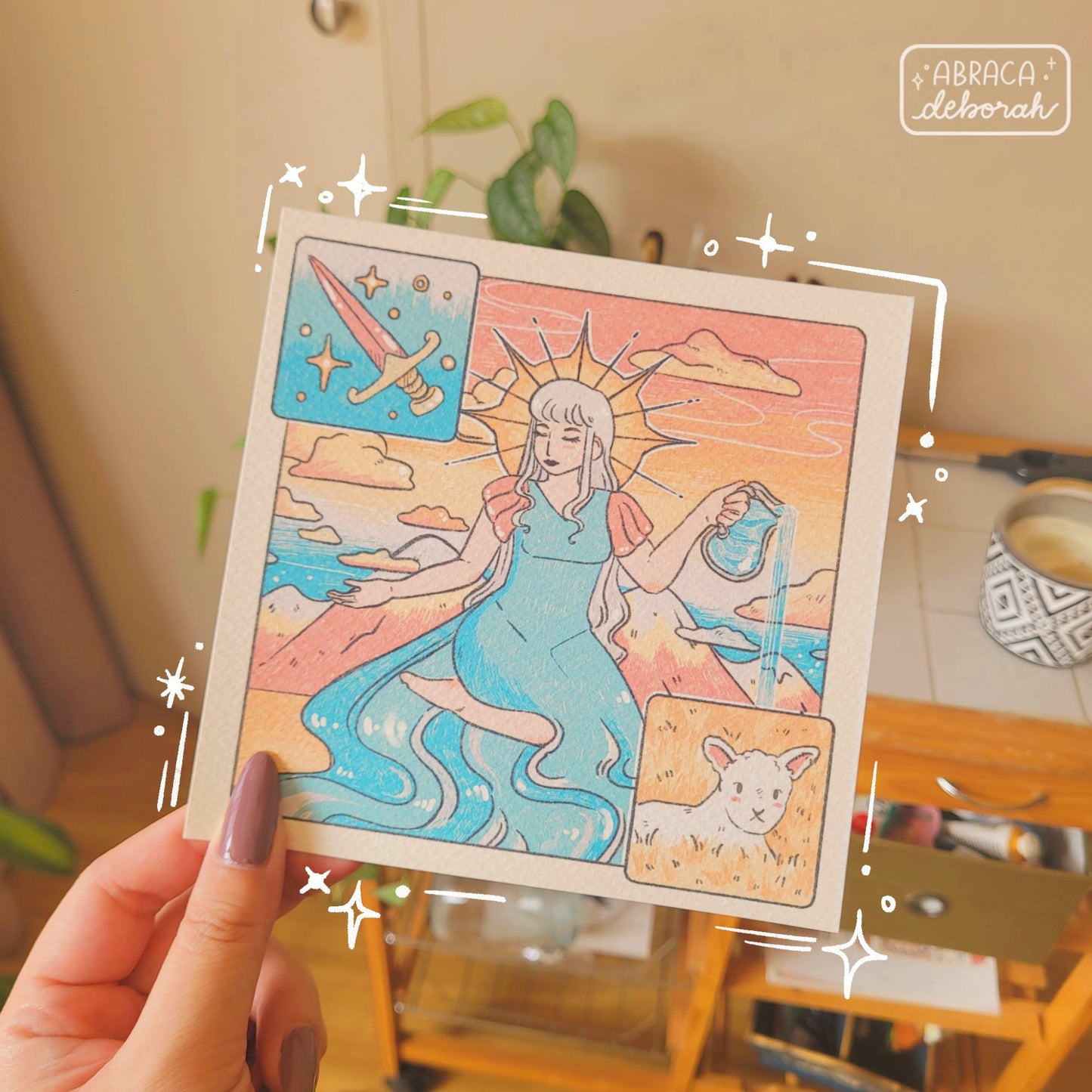 A square print featuring a nature goddess pouring out a water jug. There are images of a sword and lamb collaged onto the picture.