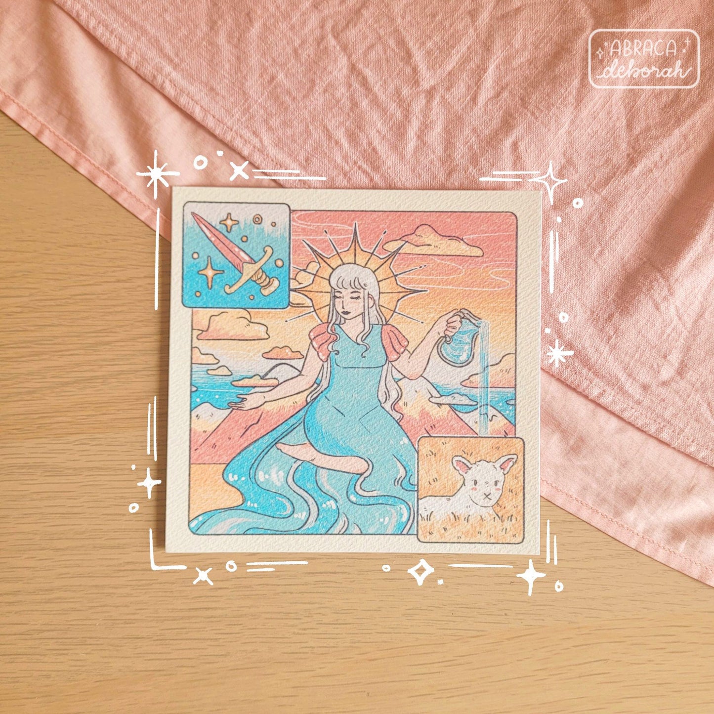 A square print featuring a nature goddess pouring out a water jug. There are images of a sword and lamb collaged onto the picture.