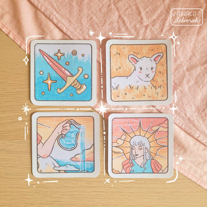 Four square stickers: a pink sword, a lamb, a pouring jug, a lady with a crown.