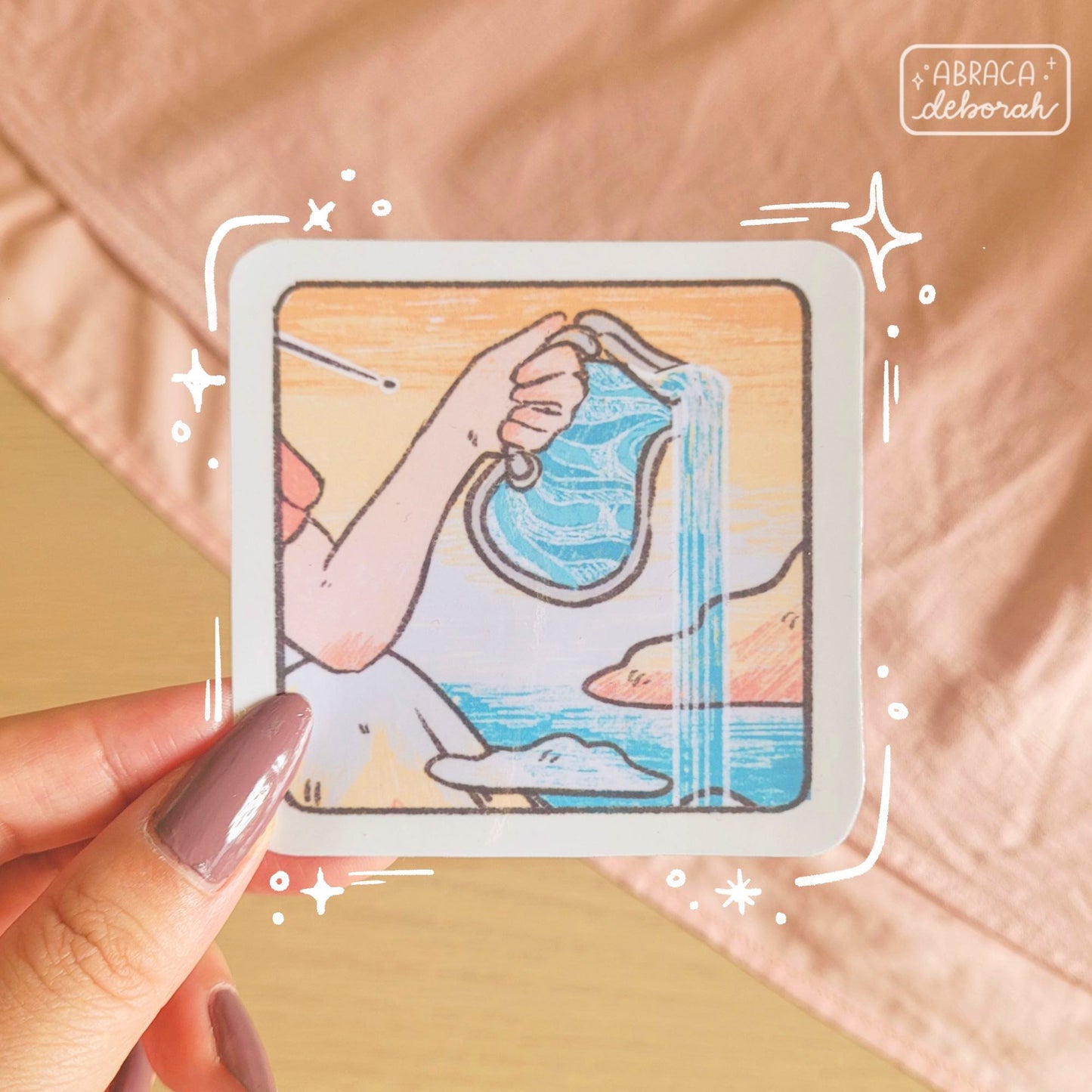 A square sticker depicting someone's arm pouring out a jug of water.