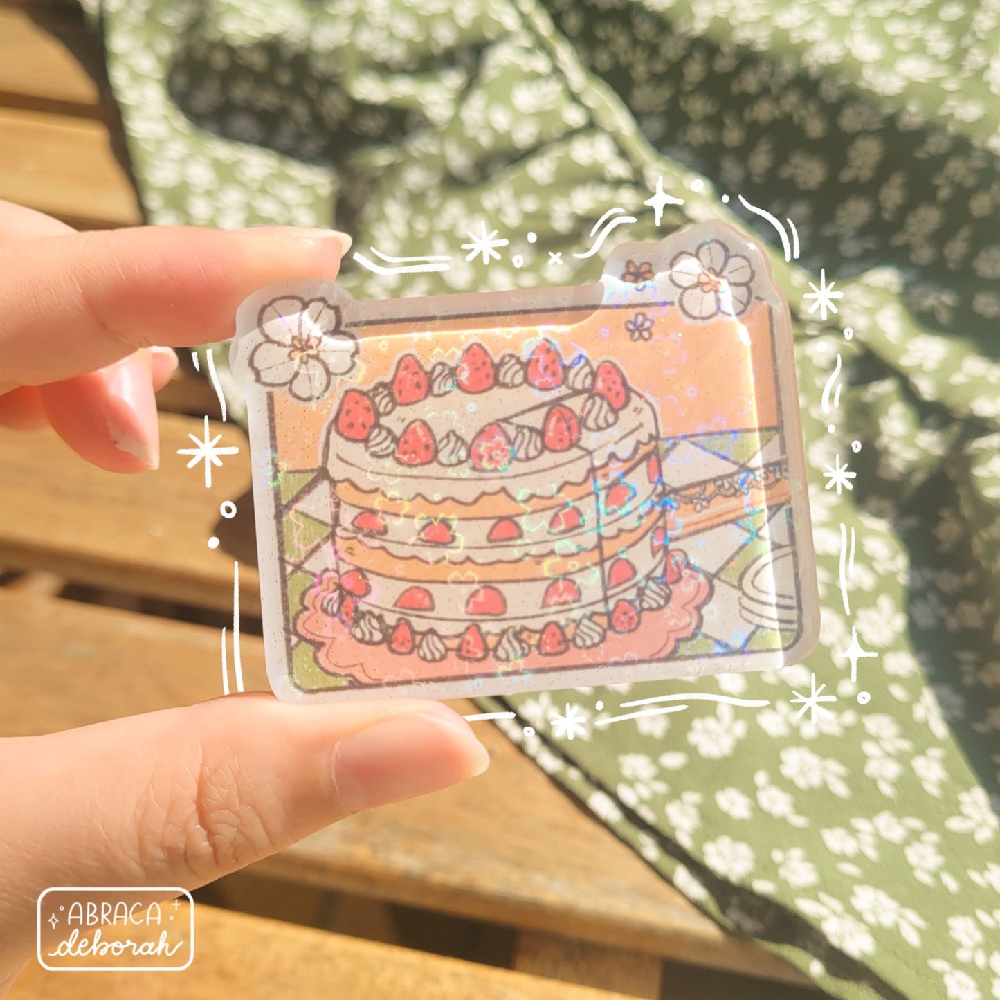 Rectangular acrylic magnet depicting a strawberry shortcake.