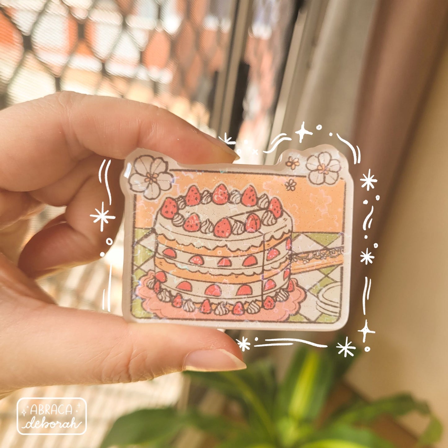 Rectangular acrylic magnet depicting a strawberry shortcake.