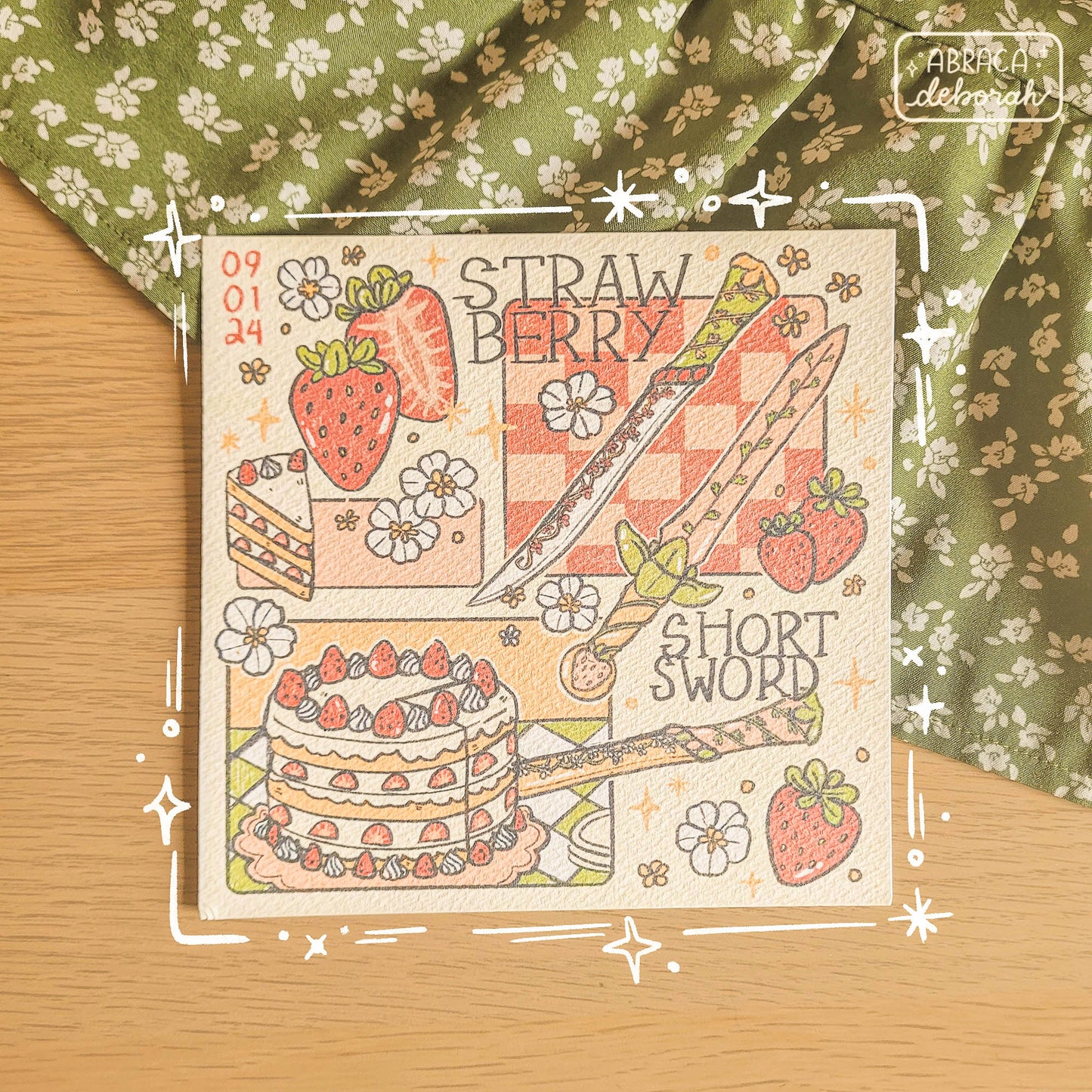 Print of digital illustration. A collage of decorated swords, strawberries, flowers, and strawberry shortcake.