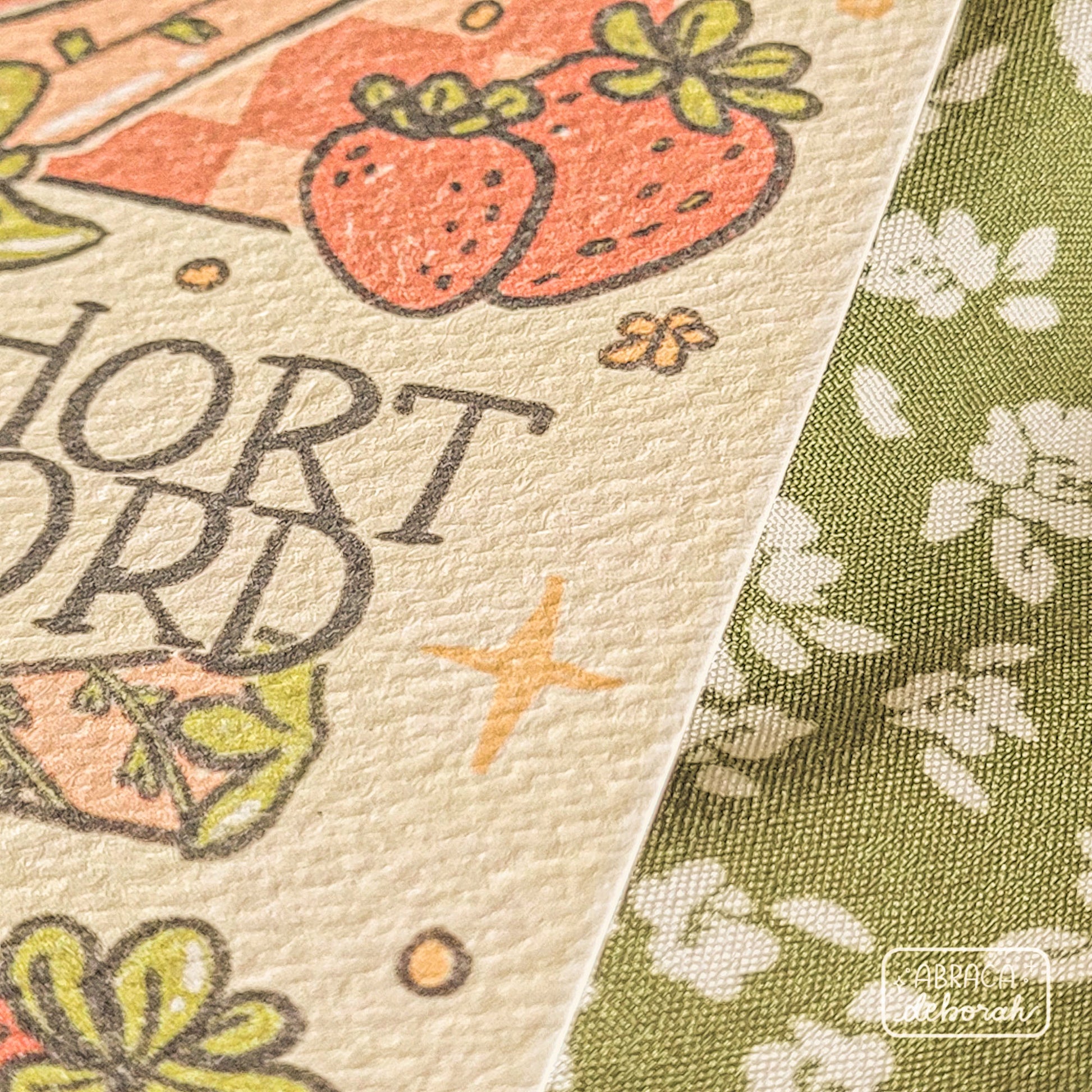 Print of digital illustration. A collage of decorated swords, strawberries, flowers, and strawberry shortcake.