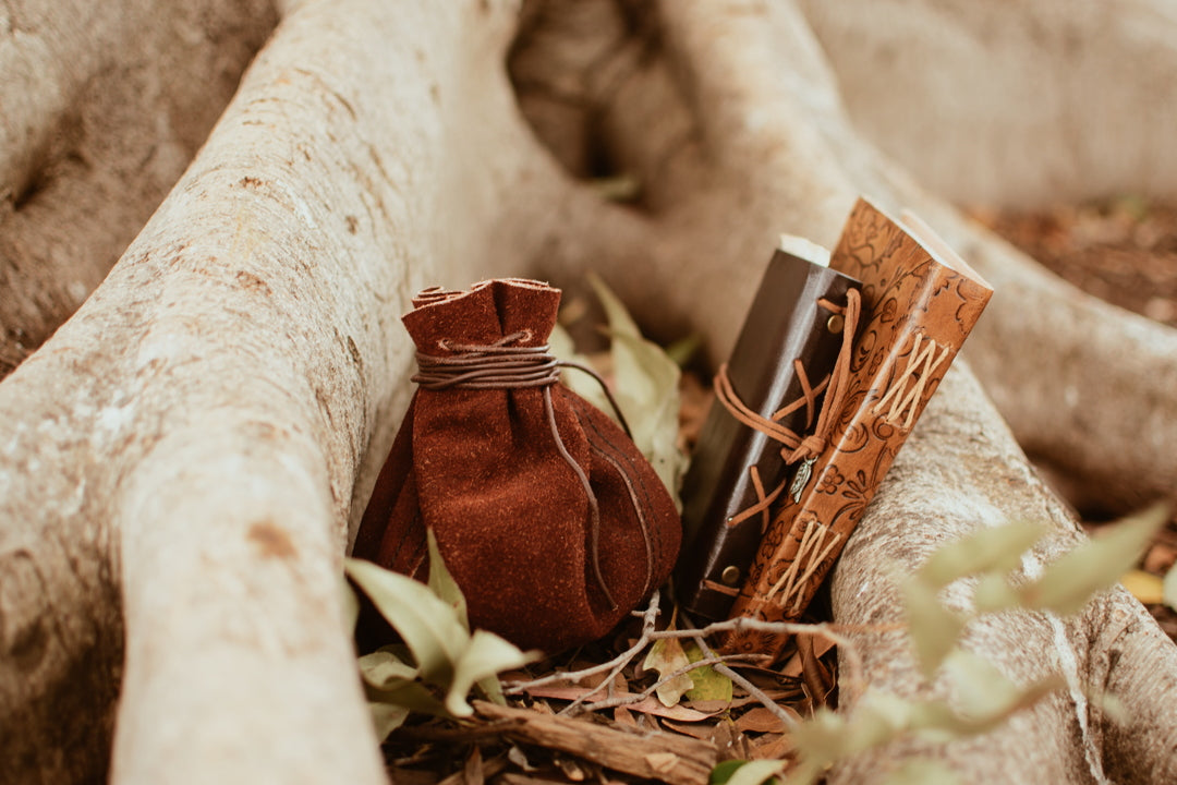 Two leather journals and a small, tied up leather sack sitting amongst tree roots.