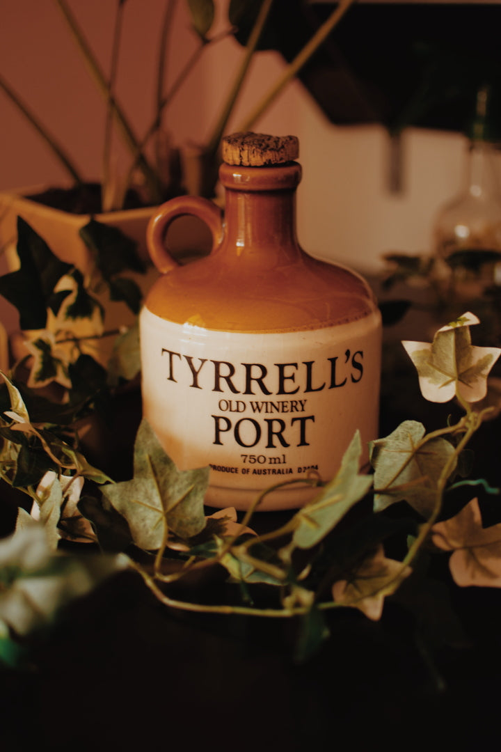 An old port jug that says: Tyrrell's Old Winery Port 750ml.