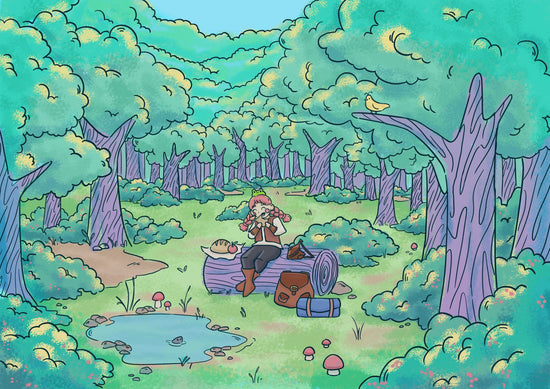 Digital painting of a red headed girl sitting on a log, eating a sandwich in the middle of the forest. There is a small frog on her head.