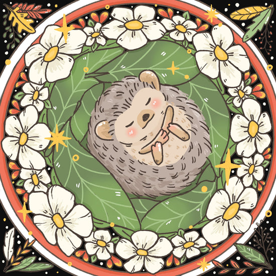 A hedgehog sleeps amongst a nest of leaves and flowers.