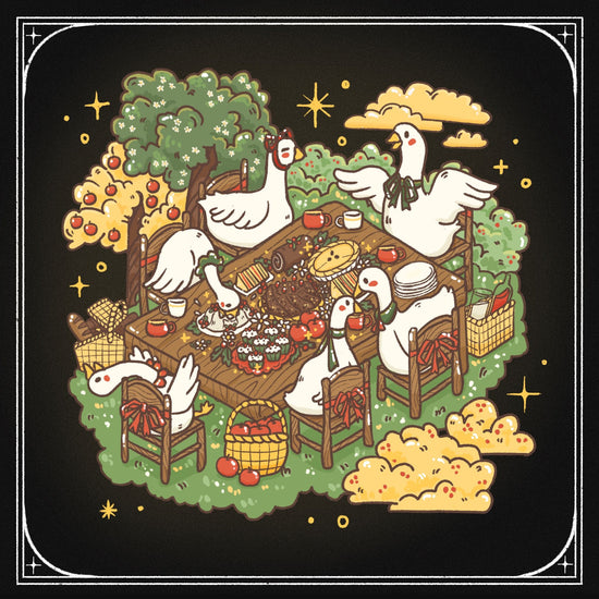 Six dressed geese sit around a Thanksgiving feast outside.