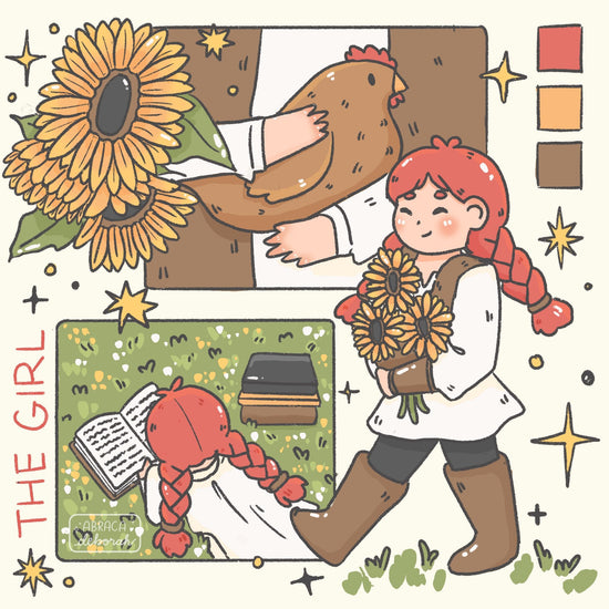 A collage of three illustrations, a brown chicken being held, a braided, red haired girl holding sunflowers and the same girl lying on the grass reading a book.