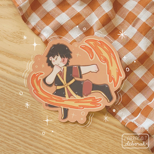 Stickers of a scarred male character in a fighting stance, pushing out fire from his body.