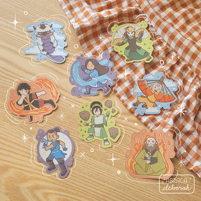 8 stickers depicting different characters on them.